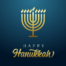 Happy Hanukkah golden menorah, candles and flame light on blue background.