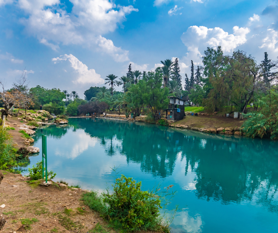 A serene blue river in Gan HaShlosha (Sahne) National Park surrounded by lush green trees and cloudy blue sky reflecting on the water's surface.